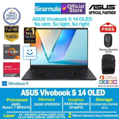 ASUS Vivobook S 14 OLED M5406UA Ryzen 7 8845HS 512GB SSD 16GB WUXGA Win11+OHS