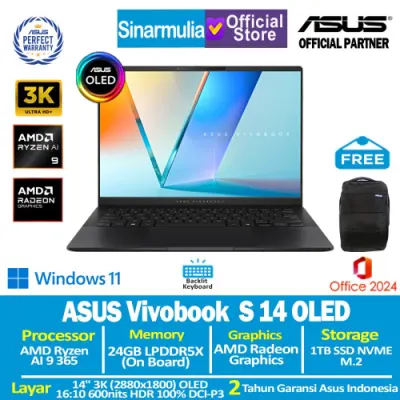 ASUS Vivobook S 14 OLED Ryzen AI 9 365 1TB SSD 24GB 3K 100%sRGB Win11+OHS
