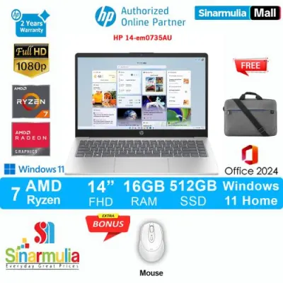 HP 14 Ryzen 7 7730U 512GB SSD 16GB FHD Win11+OHS - em0735AU