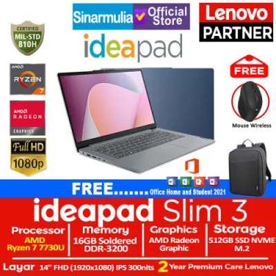 Lenovo Ideapad Slim 3 Ryzen 7 7730U 512GB SSD 16GB IPS Win11+OHS