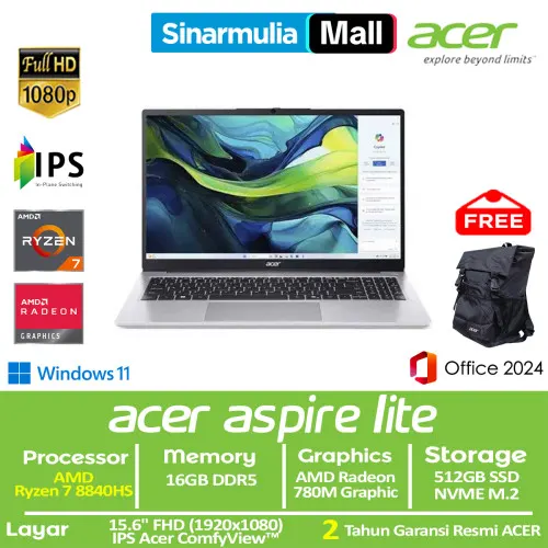 ACER Aspire Lite 15 AI AL15-61P Ryzen 7 8840HS 512GB SSD 16GB FHD IPS Win11+OHS1