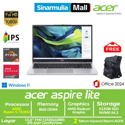 ACER Aspire Lite AL15-42P Ryzen 5 7430U 512GB SSD 8GB  FHD IPS Win11+OHS6