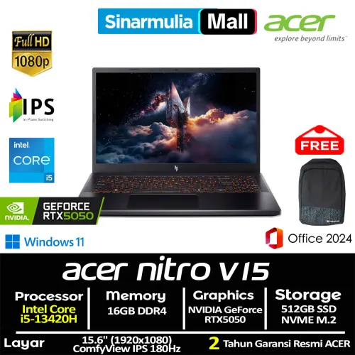 ACER Nitro V15 ANV15-52 i5-13420H RTX5050 512GB SSD 16GB IPS 180Hz Win11+OHS1