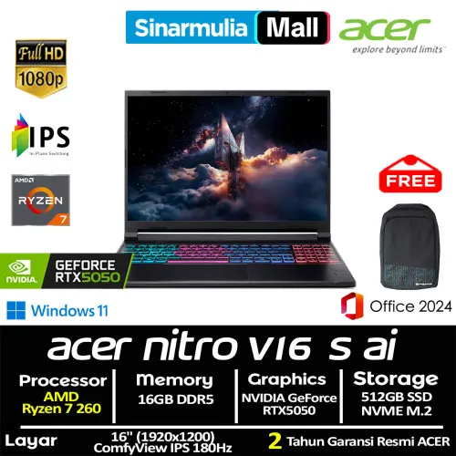 ACER Nitro V16S AI ANV16S-41 Ryzen 7 260 RTX5050 512GB SSD 16GB FHD IPS 180Hz Win11+OHS1