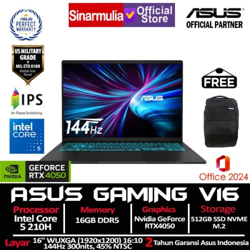 ASUS Gaming V16 V3607VU Core 5 210H RTX4050 512GB SSD 16GB WUXGA 144Hz Win11+OHS1