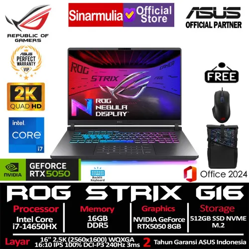 ASUS ROG Strix G16 G615JHR i7-14650HX RTX5050 512GB SSD 16GB 2.5K WQXGA 100%sRGB 240Hz 3ms Win11+OHS6