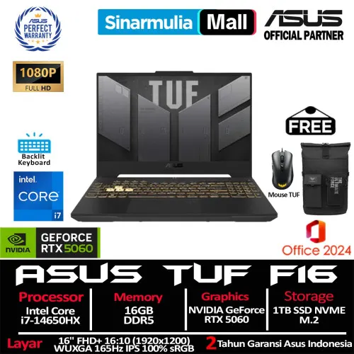 ASUS TUF Gaming F16 FX608JMR i7-14650HX RTX5060 1TB SSD 16GB WUXGA FHD+ IPS 165Hz 100% sRGB Win11+OHS1