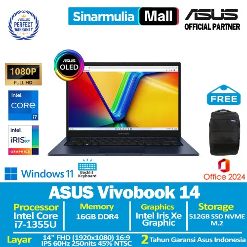 ASUS Vivobook 14 A1404VA i7-1355U 512GB SSD 16GB FHD IPS Win11+OHS1