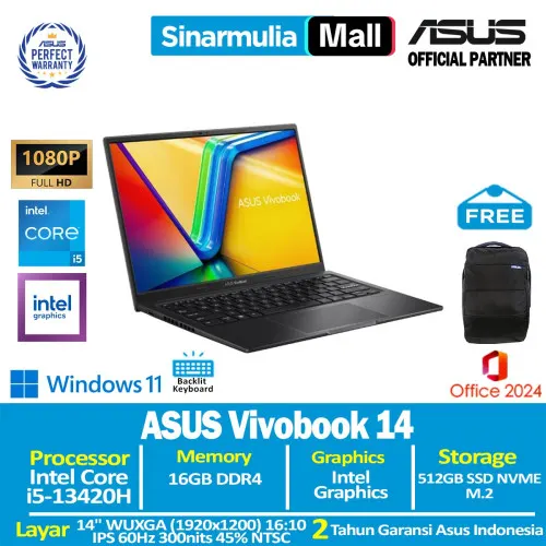ASUS Vivobook 14 A1405VA i5-13420H 512GB SSD 16GB WUXGA IPS Win11+OHS1