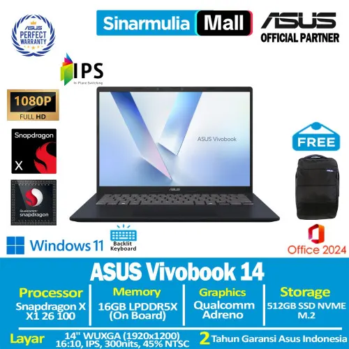 ASUS Vivobook 14 A1407QA Snapdragon X X1 26 100 512GB SSD 16GB WUXGA IPS Win11+OHS1