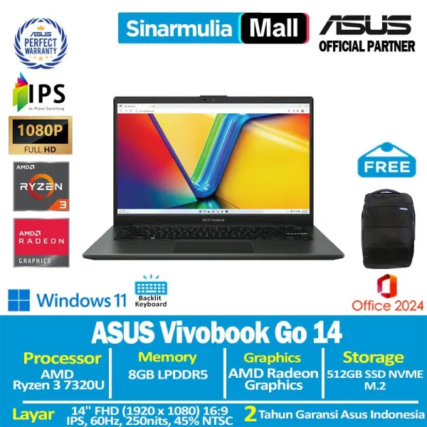 Asus Vivobook Go 14 E1404FA Ryzen 3 7320U 512GB SSD 8GB Win11+OHS - foto 2