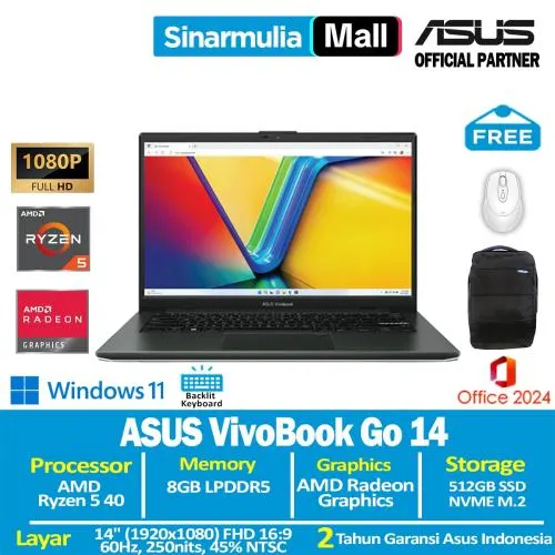 ASUS Vivobook Go 14 E1404FA Ryzen 5 40 512GB SSD 8GB FHD IPS Win11+OHS1