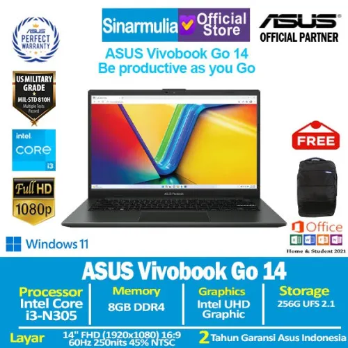 ASUS Vivobook Go 14 E1404GA i3-N305 256GB SSD 8GB FHD Win11+OHS1