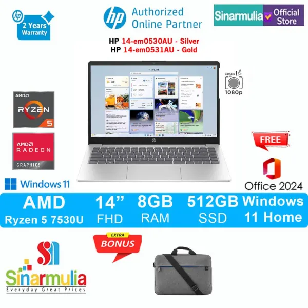 HP 14 Ryzen 5 7530U 512GB SSD 8GB FHD Win11+OHS - em0530AU/em0531AU - foto 1