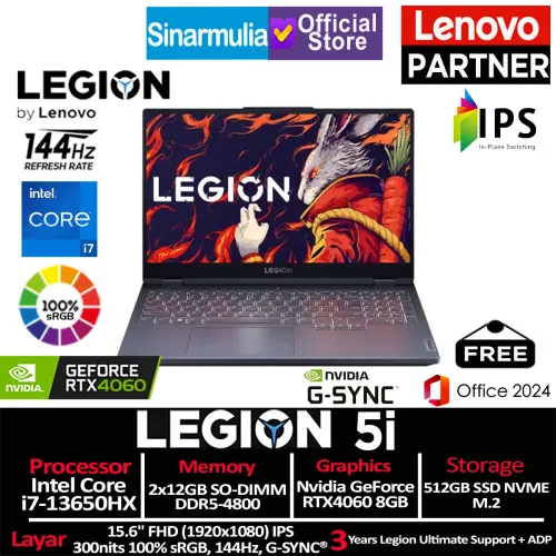 Lenovo Legion 5i i7-13650HX RTX4060 512GB SSD 24GB 144Hz 100%sRGB Win11+OHS7