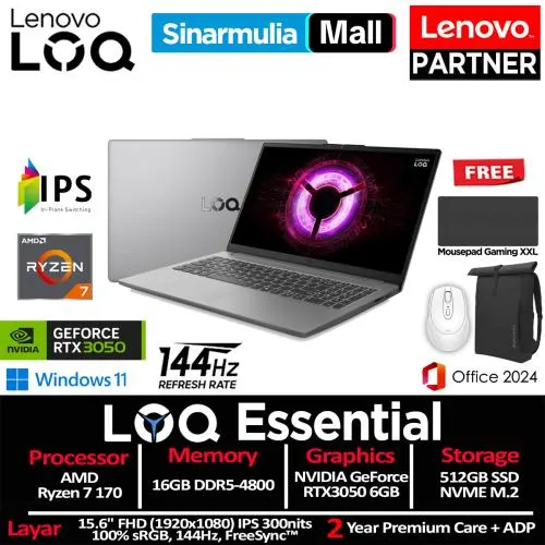 Lenovo LOQ Essential Ryzen 7 170 RTX3050 512GB SSD 16GB IPS 100%sRGB 144Hz Win11+OHS1