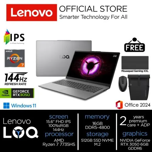 Lenovo LOQ Essential Ryzen 7 7735HS RTX3050 512GB SSD 16GB IPS 100%sRGB 144Hz Win11+OHS12