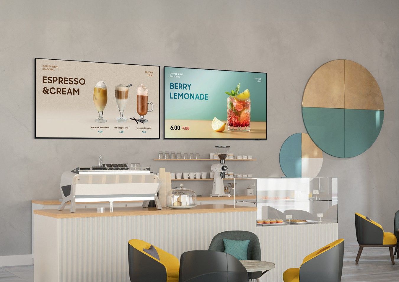 Samsung Business TV di dinding kafe menampilkan menu promo