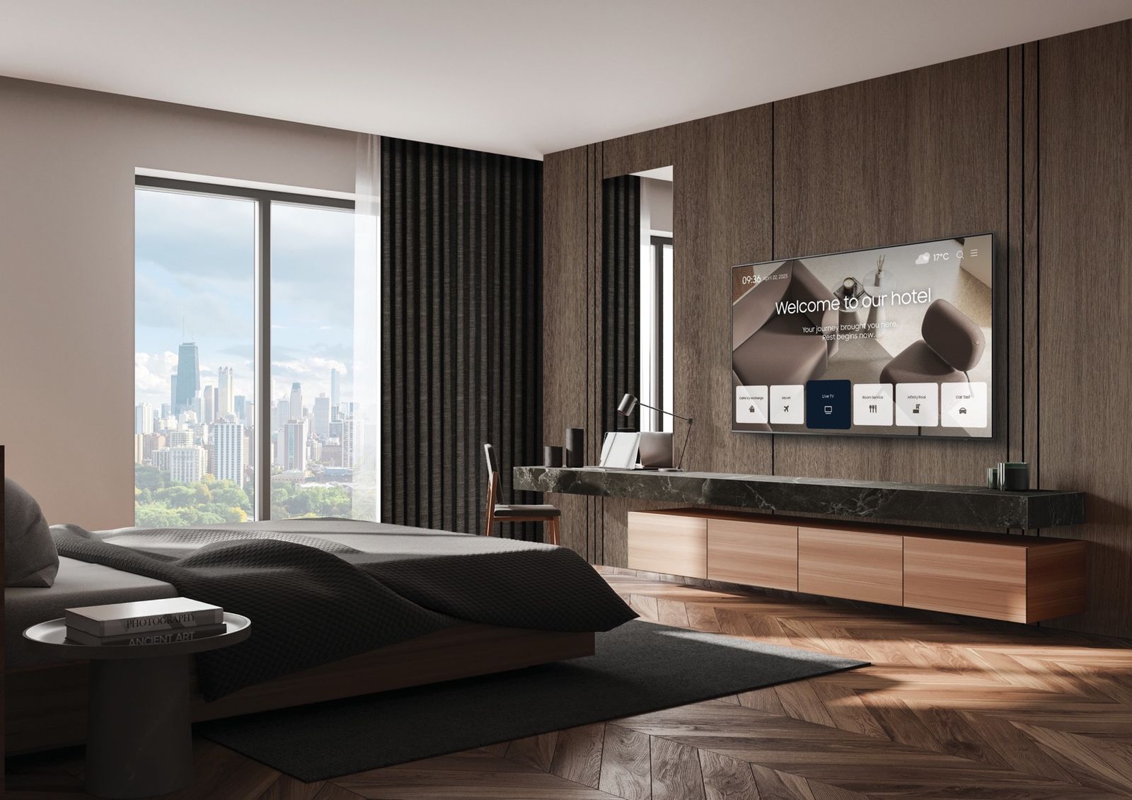 Samsung Hospitality TV di kamar hotel menampilkan layar sambutan